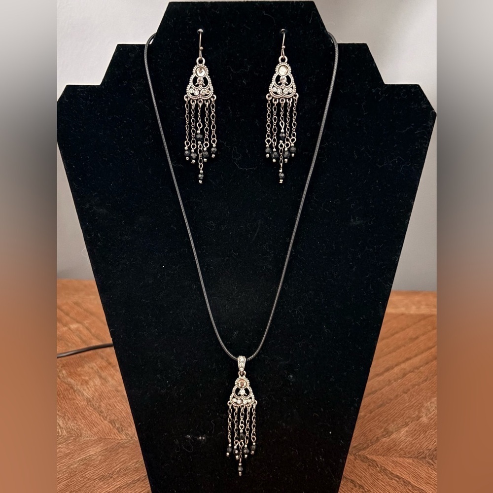 Silver Chandelier Necklace and Earring Set
